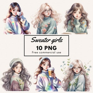 Frühling Mädchen tragen Pullover Clipart PNG Bilder. Niedliche Mädchen Cliparts. Druckbare Kunst, Wandkunst, Tasse, Aufkleber, Poster...freie kommerzielle Nutzung