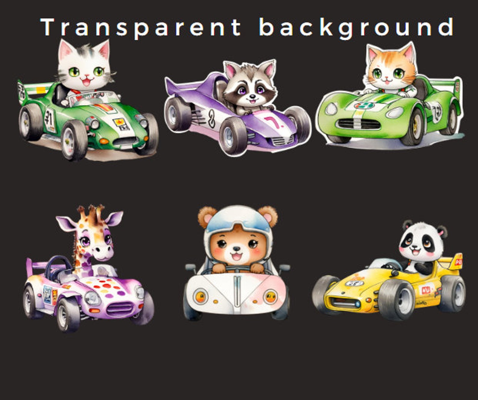 Cute Animal Racing Car Clipart Bundle PNG Images. Animals Clipart, Car ...