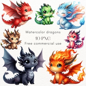 May include: Ten watercolor illustrations of cute cartoon dragons in various colors, including red, green, blue, brown, gray, and orange. The dragons have large eyes and are in different poses. The text "Watercolor dragons 10 PNG Free commercial use" is written below the images.