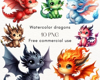Könnte beinhalten: Zehn Aquarell-Illustrationen von niedlichen Comic-Drachen in verschiedenen Farben, darunter Rot, Grün, Blau, Braun, Grau und Orange. Die Drachen haben große Augen und sind in verschiedenen Posen. Der Text "Watercolor dragons 10 PNG Free commercial use" steht unter den Bildern.