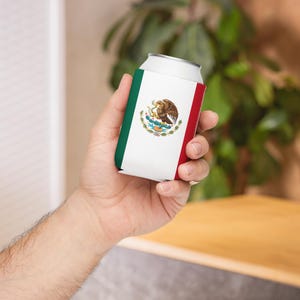May include: A can cooler with the colours of the Mexican flag: green, white, and red. The white section displays the Mexican coat of arms, an eagle with a snake. The cooler is held in a hand.