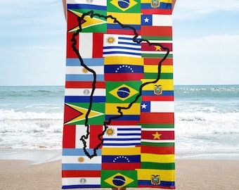 South America Flags Beach Towel, colorful towel, Latin America, toalha de praia, toalla de playa, geography gift, I love flags, perfect gift