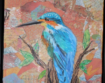 kingfisher bird art, mixed media bird painting, collage bird painting, framed 13 x13 blue bird art, gift for bird lover, nature lover gift,
