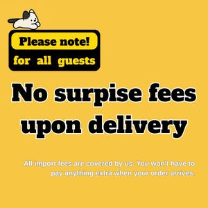 Informative slide stating that shipping to the U.S. is free and all import fees are covered by PetyChery.