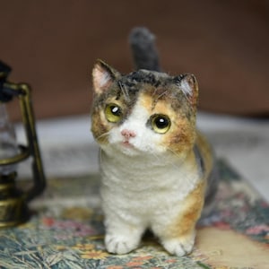 Op de afbeelding: Een calico kat met groene ogen is gemaakt van vilt en heeft een witte borst en buik. De kat zit op een gepatroneerd oppervlak met een kleine lantaarn op de achtergrond.