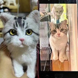 May include: A lifelike, plush cat with gray and white markings, large yellow eyes, and a pink nose is held in a hand. A smartphone displays a photo of a similar cat in a cage. The image showcases a cat-themed craft or product.