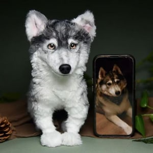 Pode incluir: Um filhote de lobo de pelúcia cinza e branco sentado na frente de um smartphone preto. A tela do telefone mostra uma foto de um cão marrom e branco.