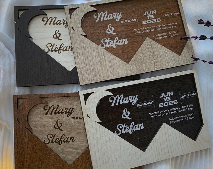 Mountain with Moon Wooden Wedding Food Invitation Cart, Rustic Invitation with Hand Painted Wood 4'' x 6'' (10 x 15 CM) Wedding Gifts