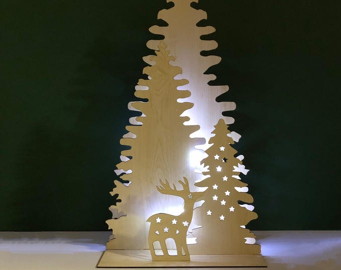 Wooden Christmas Trees and Deer with LED Table Decor Christmas Ornaments Gifts Holiday Home Decoration