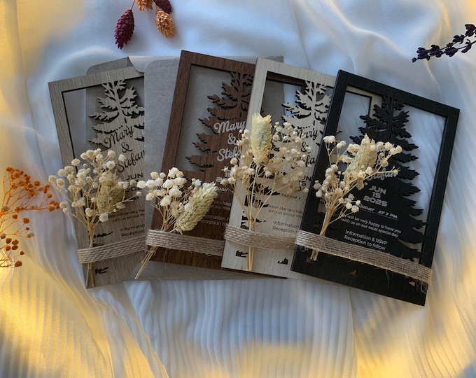 Pine Tree Wooden Wedding Food Invitation Cart, Rustic Invitation with Hand Painted Wood 4'' x 6'' (10 x 15 CM) Wedding Gifts