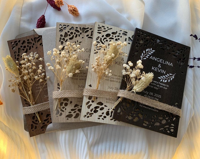 Modern Floral & Wooden Wedding Food Invitation Cart, Rustic Invitation with Hand Painted Wood 4'' x 6'' (10 x 15 CM) Wedding Gifts
