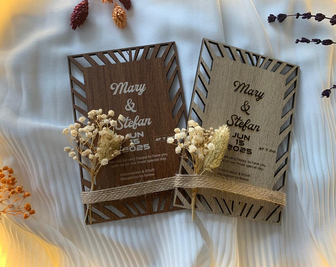 Striped Frame Floral & Wooden Wedding Food Invitation Cart, Rustic Invitation with Hand Painted Wood 4'' x 6'' (10 x 15 CM) Wedding Gifts