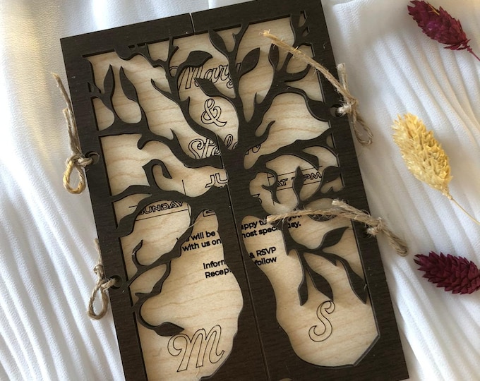 Tree Cover Floral & Wooden Wedding Food Invitation Cart, Rustic Invitation with Hand Painted Wood 4'' x 6'' (10 x 15 CM) Wedding Gifts
