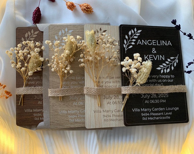 Simple Floral & Wooden Wedding Food Invitation Cart, Rustic Invitation with Hand Painted Wood 4'' x 6'' (10x15 CM) Wedding Gifts Invitation