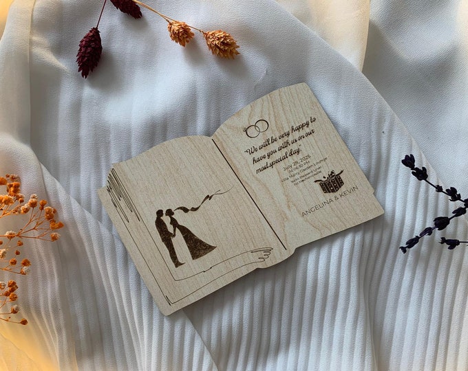 Open Book Floral & Wooden Wedding Food Invitation Cart, Rustic Invitation with Hand Painted Wood 4'' x 6'' (10 x 15 CM) Wedding Gifts Books