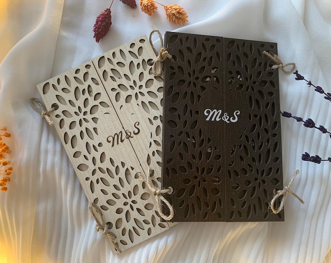 Leaf Cover Floral & Wooden Wedding Food Invitation Cart, Rustic Invitation with Hand Painted Wood 4'' x 6'' (10 x 15 CM) Wedding Gifts