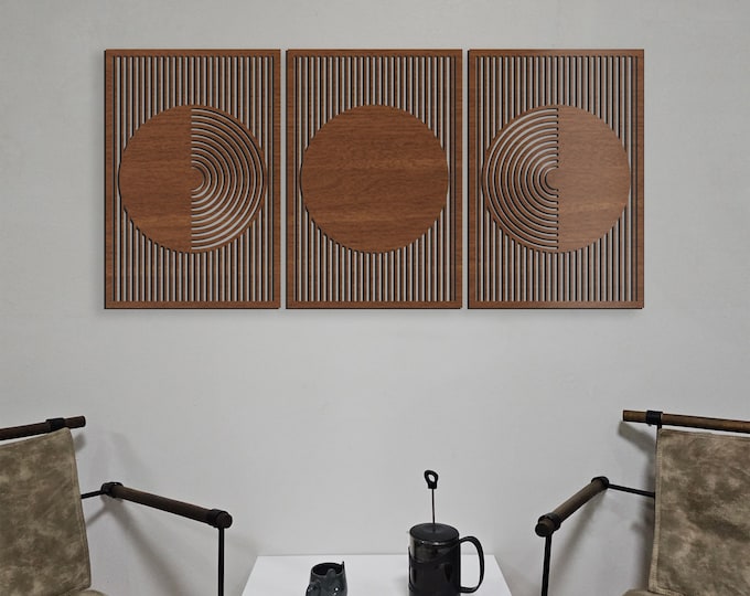 Geometric Wall Decor 3-Piece Set Wood Wall Art Decor Wooden Nursery Sign Picture Living Room Decor Gift Wall Art with Circle and Line