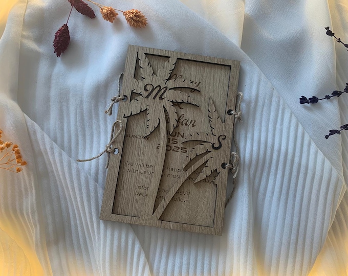 Palm Cover Wooden Wedding Food Invitation Cart, Rustic Invitation with Hand Painted Wood 4'' x 6'' (10 x 15 CM) Wedding Gifts