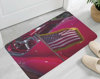 Custom Vintage Auto Vette USA American Flag Car Plush Doormat