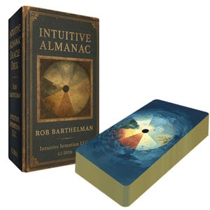 May include: An "Intuitive Almanac Oracle Deck" with a matching box. The box and cards feature a circular design with color-coded sections. The box reads "Intuitive Almanac" and "Rob Barthelman". The copyright date is 2026.