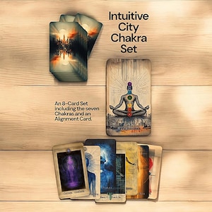 May include: A set of eight cards featuring a city skyline with a chakra symbol in the center of each card. The cards are designed to help you connect with your chakras and promote inner peace. The text on the cards reads "Intuitive City Chakra Set" and "An 8-Card Set including the seven Chakras and an Alignment Card."