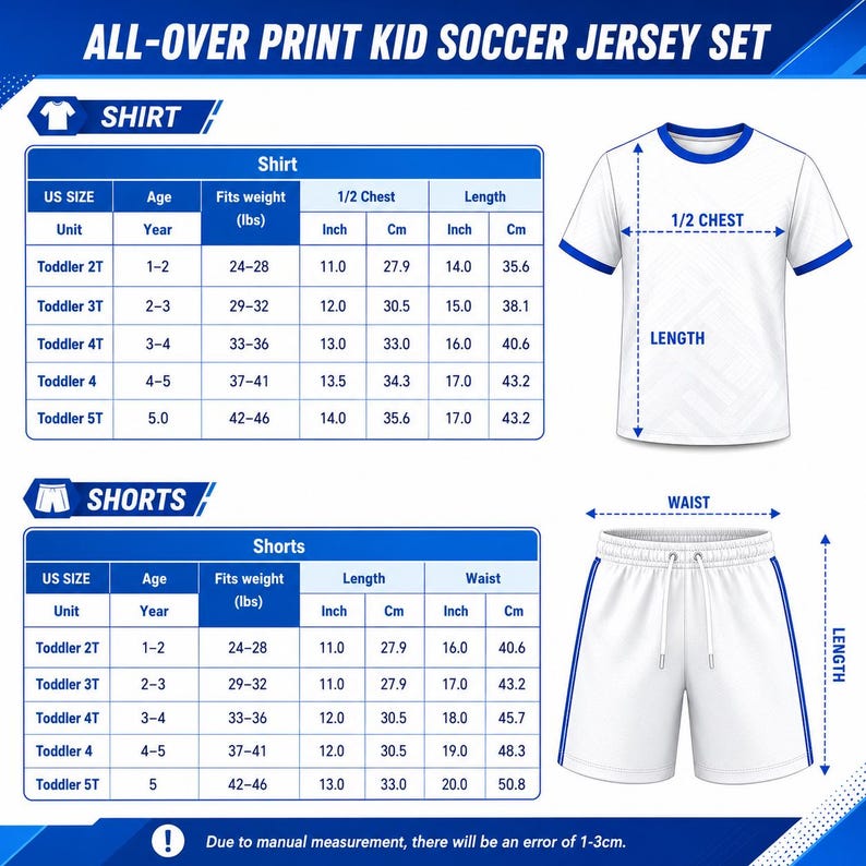 The image is a detailed size chart for a soccer jersey set, including measurements for both the shirt and shorts. The chart provides the size and corresponding measurements for different age groups, such as toddler, toddler, toddler, toddler, and toddler. The chart also includes a waist measurement for the shorts. Due to the manual measurement, there may be an error of 1-3 cm.
