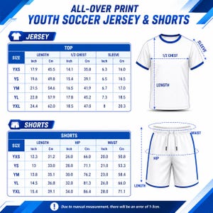 The image is a detailed size chart for youth soccer jerseys and shorts, providing measurements for different age groups and genders.