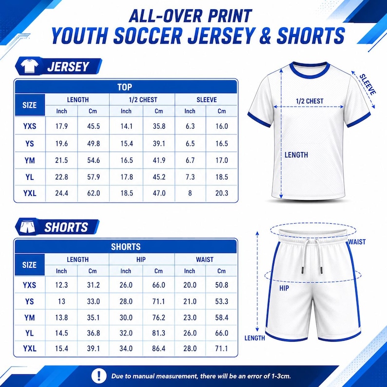 The image is a detailed size chart for youth soccer jerseys and shorts, providing measurements for different age groups and genders.