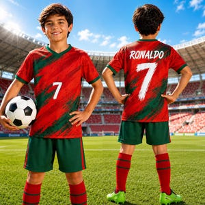 A young boy in a red and green soccer uniform holding a soccer ball, standing on a soccer field with a stadium in the background.