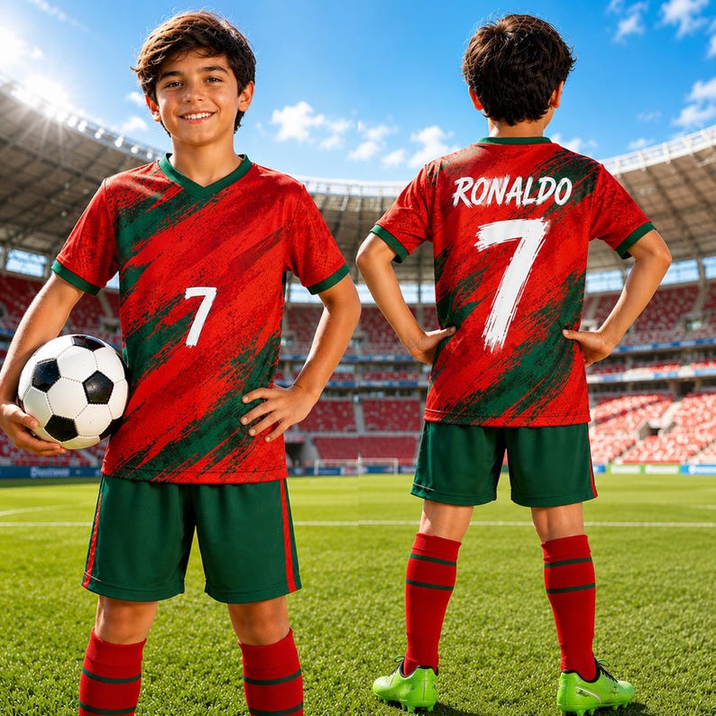A young boy in a red and green soccer uniform holding a soccer ball, standing on a soccer field with a stadium in the background.