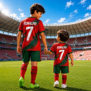 Two young boys in red and green soccer jerseys, with the name "RONALDO" and the number "7" on the back, standing on a soccer field.