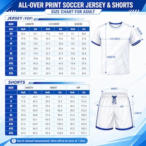The image is a size chart for adult soccer jerseys and shorts, providing measurements for different sizes such as XS, S, M, L, XL, and 5XL. The chart includes the length, waist, hip, and sleeve measurements for each size, along with corresponding cm values. The chart is designed to help customers determine the appropriate size for their needs based on their height and body measurements.