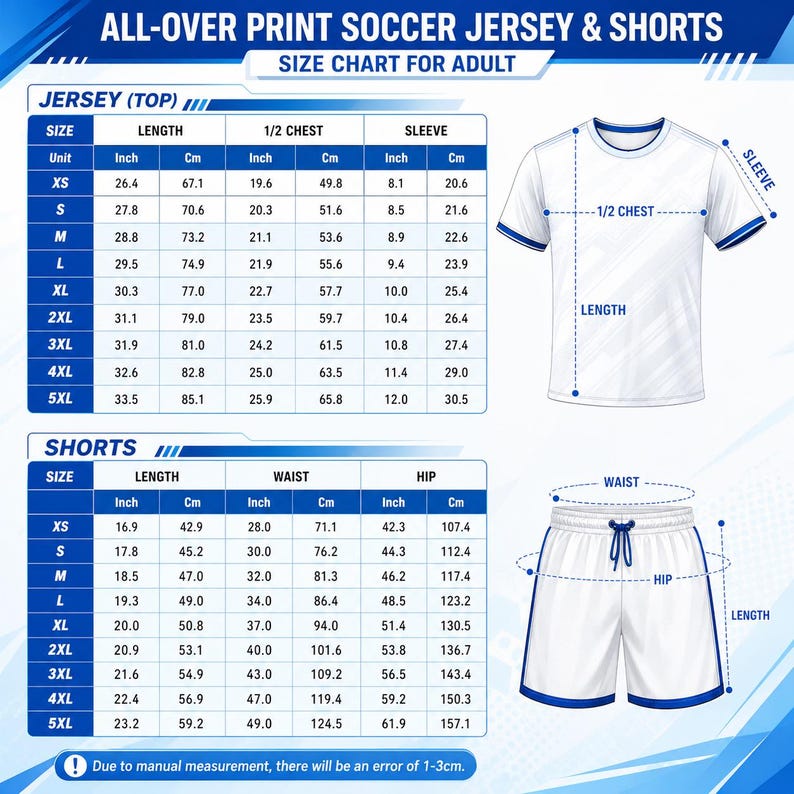 The image is a size chart for adult soccer jerseys and shorts, providing measurements for different sizes such as XS, S, M, L, XL, and 5XL. The chart includes the length, waist, hip, and sleeve measurements for each size, along with corresponding cm values. The chart is designed to help customers determine the appropriate size for their needs based on their height and body measurements.