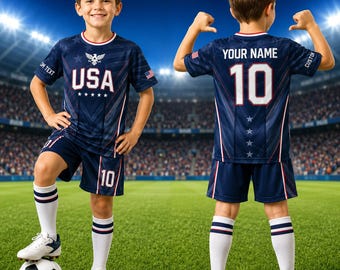 Custom USA Kids Soccer Jersey Set, Personalized America Football Kit, Custom Name Number Youth Soccer Uniform, USA Fan Gift