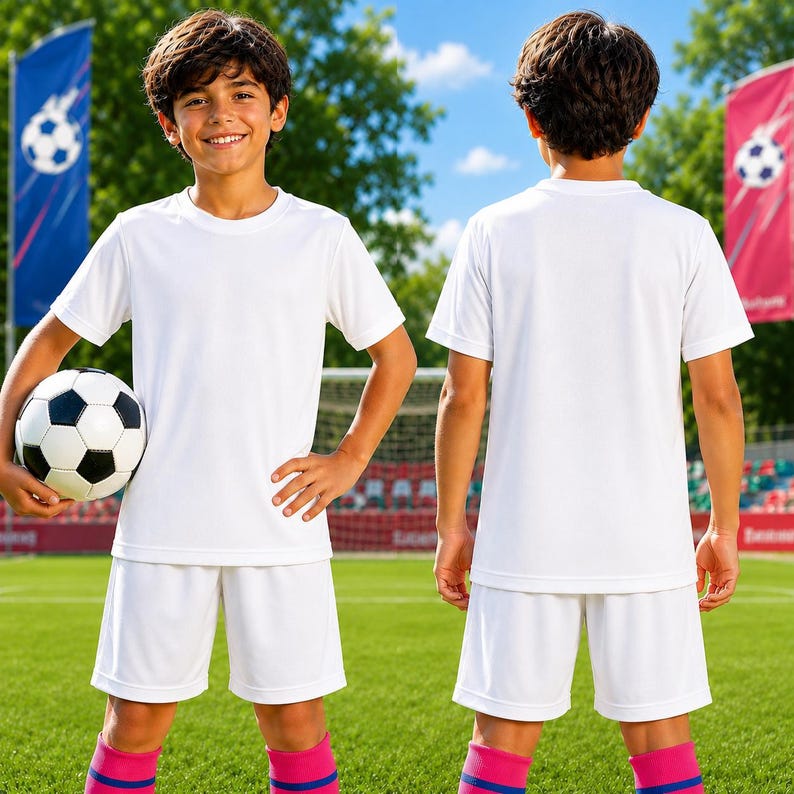 A young boy in a white soccer uniform is holding a soccer ball and smiling, standing on a soccer field with trees in the background.