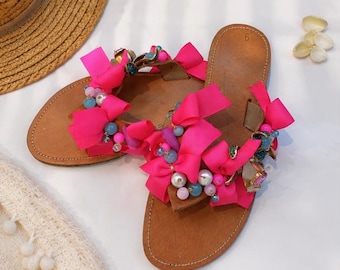 Handgemachte Griechische Leder Sandalen Damen | Fuchsia Bogen Sandalen | Verschönerte flache Sandalen | Boho Sommer Schuhe | Rosa Perle Sandalen | Größe 39