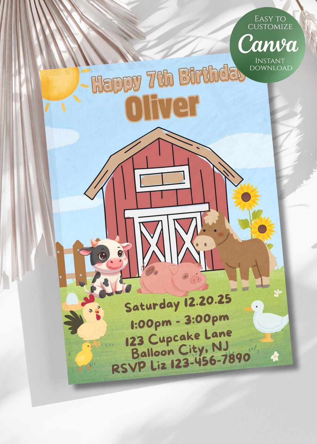 Farm Animals Birthday Invitation, Barnyard Party, Canva Template ...