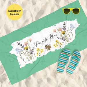 Puerto Rico Vacation, Coqui Beach Towel, Puerto Rico Floral Map Towel, Boricua Girl Towel, Puerto Rico Gift for Her, Puerto Rico Beach Towel