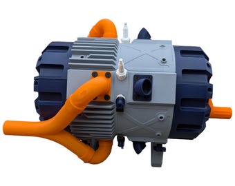 May include: A close-up of a grey and blue electric motor with orange plastic tubing. The motor has a ribbed design and several small white connectors.