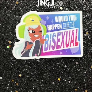 May include: A sticker with a cartoon character wearing a yellow hat and green headphones, pointing towards the text "WOULD YOU HAPPEN TO BE THE BISEXUAL". The design is set against a black glitter background with star-shaped sparkles.
