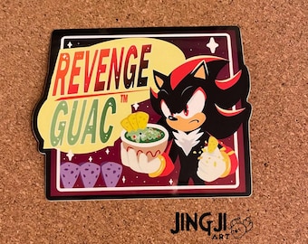 Puede incluir: Una pegatina con un personaje de dibujos animados con ojos rojos y pelaje negro sosteniendo un tazón de guacamole. El texto "REVENGE GUAC™" está por encima del personaje. El fondo es de color morado oscuro con estrellas amarillas.