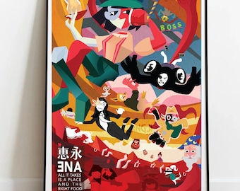 Könnte beinhalten: Ein gerahmter Kunstdruck mit einer farbenfrohen, abstrakten Illustration. Das Kunstwerk zeigt stilisierte Figuren, Text auf Englisch und Japanisch und das Wort "BOSS". Die Farbpalette umfasst Rot, Orange, Grün und Schwarz.