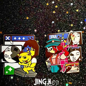 May include: Two enamel pins featuring cartoon characters. One pin shows a character with a yellow dog, the other features a character in a conductor's hat. The pins are set against a glittery black background.