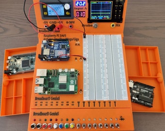 Raspberry PI, Arduino Uno/Duo, Mega, Giga dual mount with double breadboard for the BreadboarD GeniuS electronics project lab