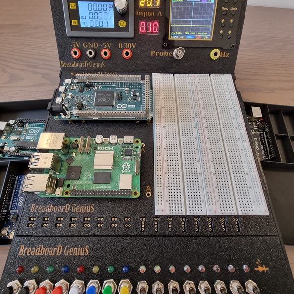 Raspberry PI, Arduino Uno/Duo, Mega, Giga dual mount with double breadboard for the BreadboarD GeniuS electronics project lab