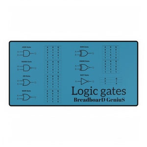 May include: A blue and white poster with illustrations of logic gates and their truth tables. The poster is titled "Logic gates" and "Breadboard Genius".