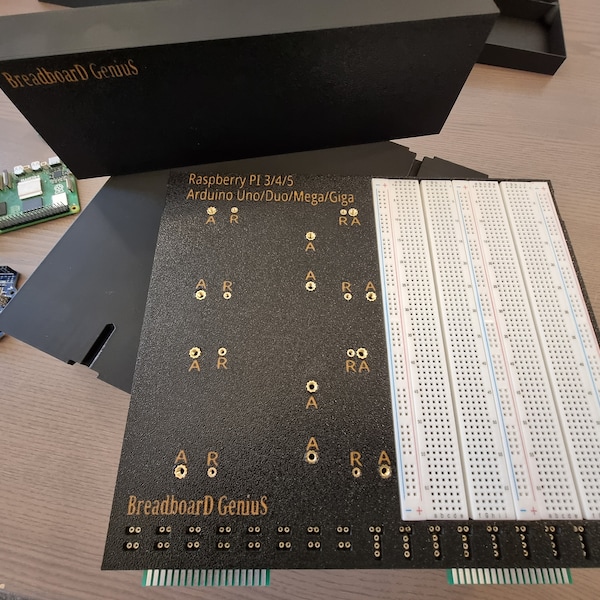 Raspberry PI, Arduino Uno/Duo, Mega, Giga dual mount with double breadboard for the BreadboarD GeniuS electronics project lab