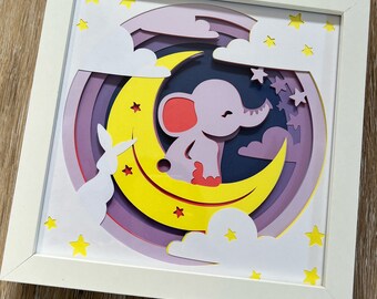 Baby Elephant Nursery Room 3D Shadow Box 8x8 Decor