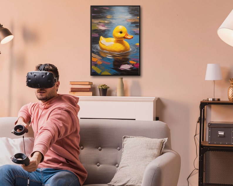 May include: A yellow rubber ducky floating in a blue pond with colorful leaves. The ducky is in a painting framed in black and hanging on a wall above a couch.