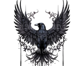 Gothic Raven Svg Png Clipart, Mysterious Gothic Raven Clip art, Rock Style Design, Tribal Crow flying, Sublimation Designs,Commercial Use